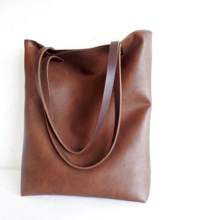 Leather tote bag, Large everyday casual tote bag, Chocolate brown vegan leather tote shoulder bag with real leather handles