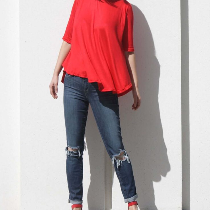Tomato Red Swing Top with Elbow Length Sleeve, Boho Flare Top, Summer Tunic Top, Plus Size Shirt, Half Sleeve Office Top, Maternity Top