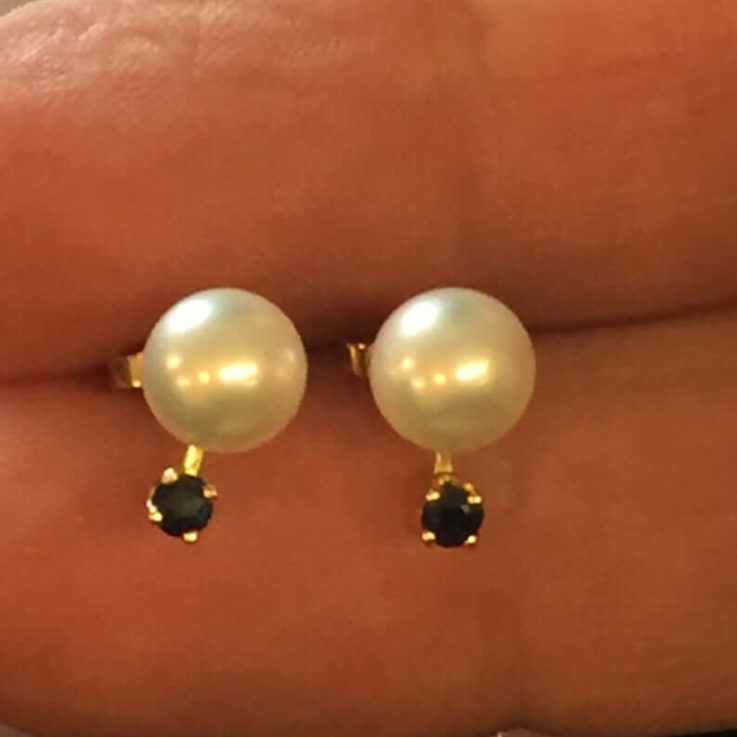 14kt 6 12 mm cultured Pearl and genuine sapphire pierced earrings