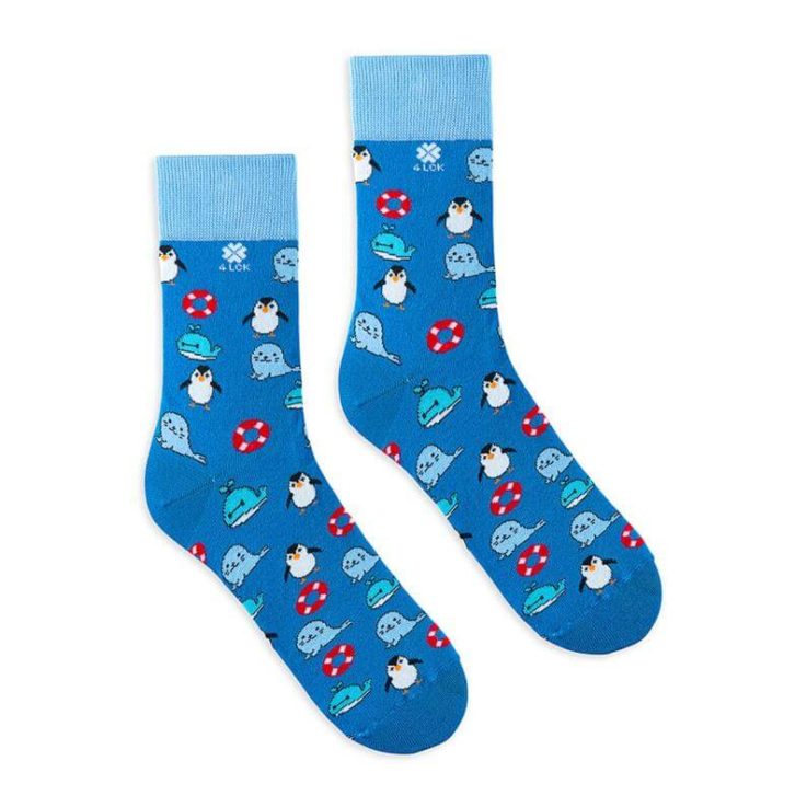 Colourful socks with whale, seal and pinguin on blue background