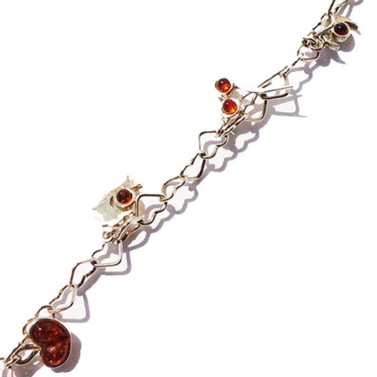 Fancy sterling silver 925 heart chain bracelet and six charming charms with honey baltic amber. Unique gift for your loved one. silver jewel