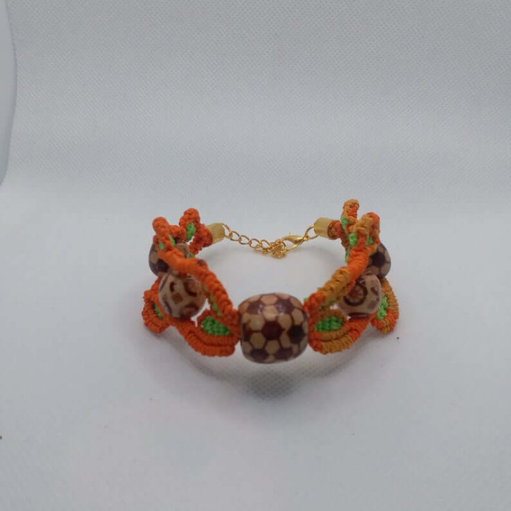 Macrame Bracelet Boho Bracelet Orange Jewelry Wooden Ball Beads Edwardian Style Rare Product