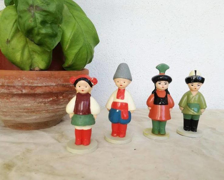 Vintage Soviet figurines, four vintage, polyester figurine toys, Soviet era children figurines, ethnic costume Soviet tiny doll toys