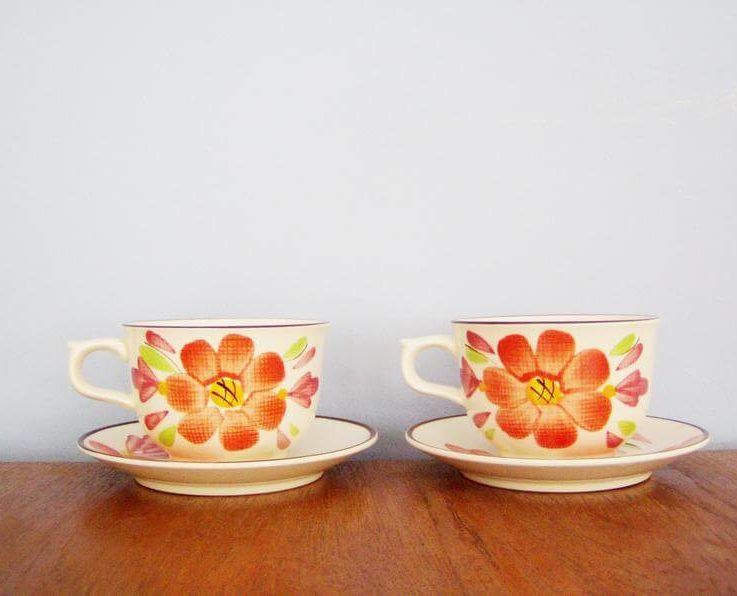 Vintage tea cups and saucers, colourful, Eighties earthenware set of two, large tea cups and their saucers, orange flowers tea cups