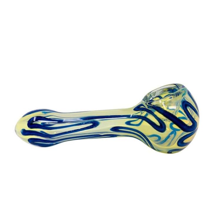 5Blue Glass Pipe, Handblown Glass Pipe Fog with Yellow Tint & Blue Stripes, Large Glass Smoking Pipe