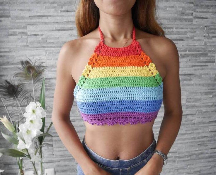 Crochet crop top in rainbow colours, festivals tops, Boho top, bikini top