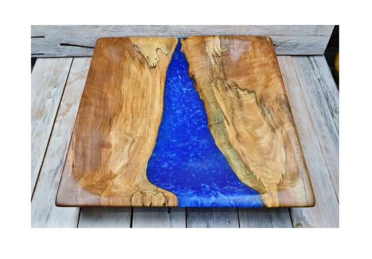 Figured Sugar Maple Resin River Bowl - Figured Sugar Maple Wood Bowl with Blue Resin - Hand Carved Bowl - 14.25 inch Square Bowl