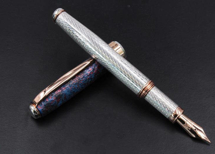 Fountain Pen Sterling Silver Sustainable Genuine Leather Handmade in Italy Blue Black and Red
