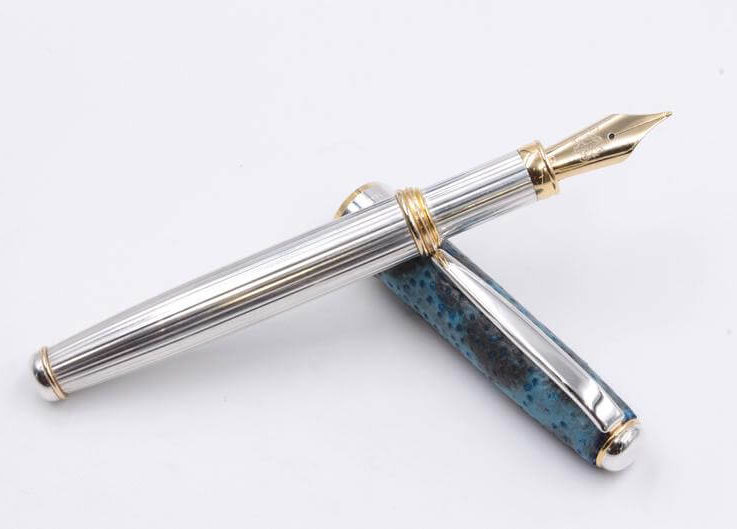 Fountain Pen Sterling Silver Sustainable Genuine Leather Handmade in Italy Blue and Black