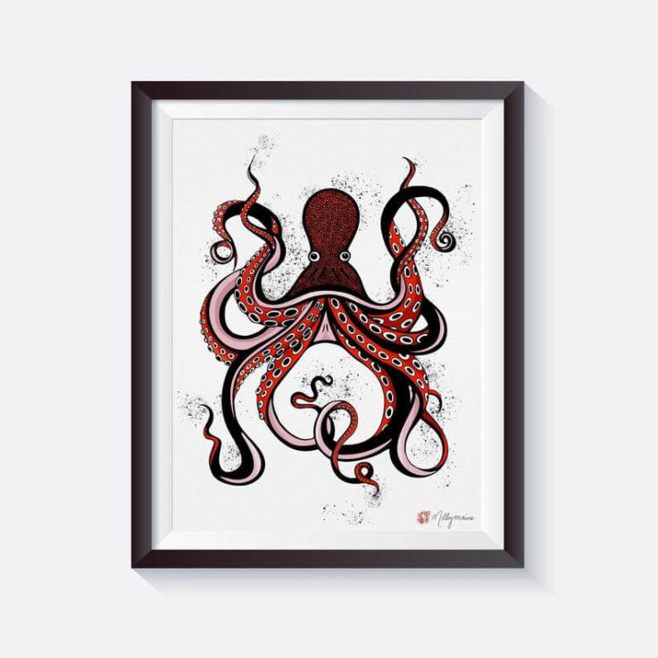 Japanese Octopus Signed Art Print by Molly Maine, printed on thick bamboo paper Japanese Wall Art Octopus Print Sealife Art Print