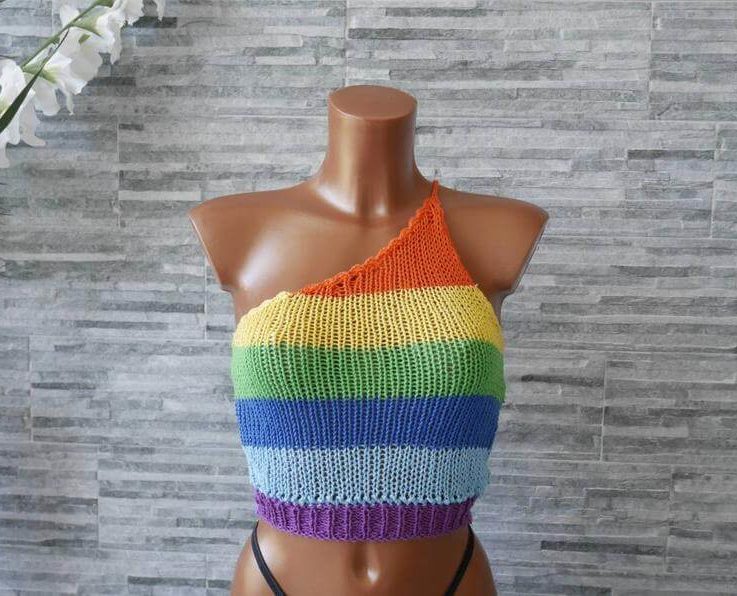 Knitted rainbow top, one side shoulder, waisted with eyelet, soft and trendy, small