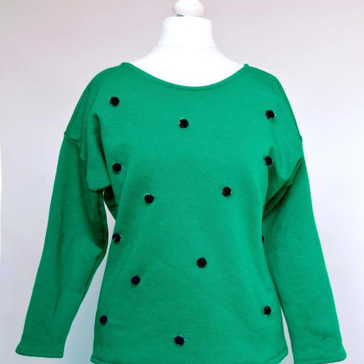 Pom pom sweater Green jumper Pom pom jumper Green sweatshirt Jade green sweater Tinsel pom pom Glitter jumper