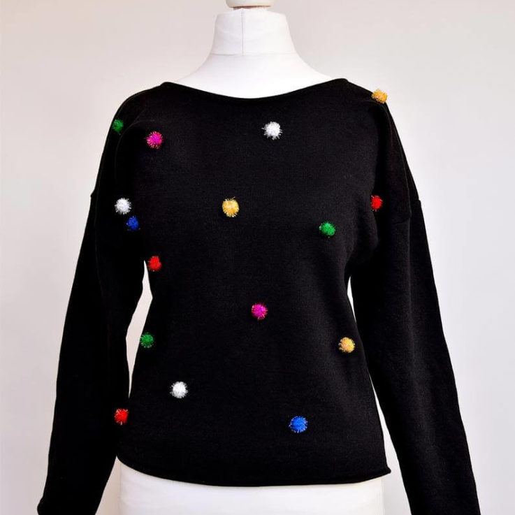 Pom pom sweater Multicolour jumper Glitter jumper Black sweatshirt Colourful sweater Tinsel pom pom Christmas jumper