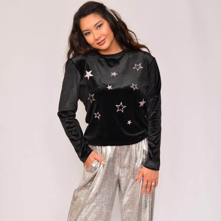 Star sweater Black velour sweater Glitter star top Velvet sweater Velour jumper with star print Black silver top Soft velour top Celestial