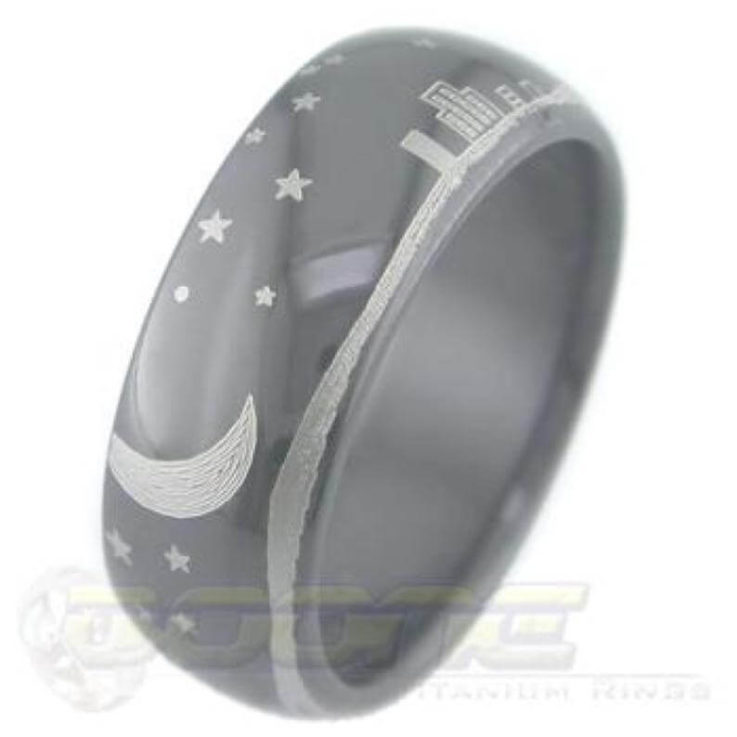 Black Zirconium Nightscape, Love You to the Moon and Back engraved Ring