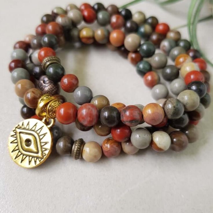 Mala Bracelet 108 beads, Wrap Bracelet, Ocean Jasper in earthy colors, Yoga Jewelry with Evil Eye pendant and bronze Buddha