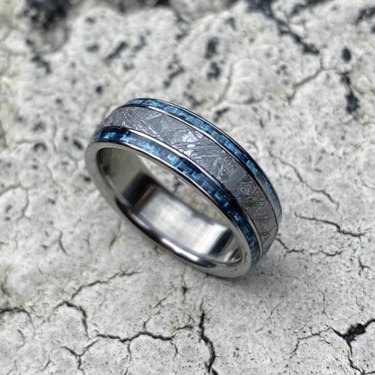 Meteorite Ring with Twin Blue Carbon Fiber