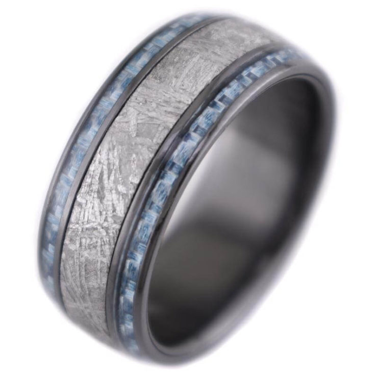 Meteorite; Twin Blue Carbon Fiber Black Zirconium Ring