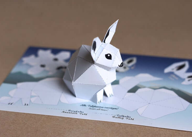 Postcard Snow Hare, little snow bunny on a card. mini papercraft kit. Postcard Size 210x105mm