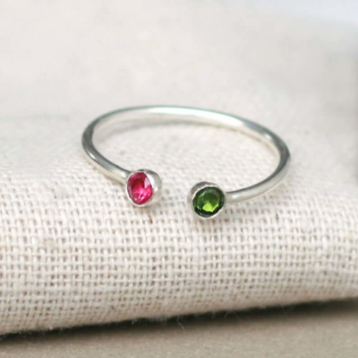 dual birthstone ring. two stone ring. gemstone couples ring. sterling silver. double birthstone ring. stacking ring.