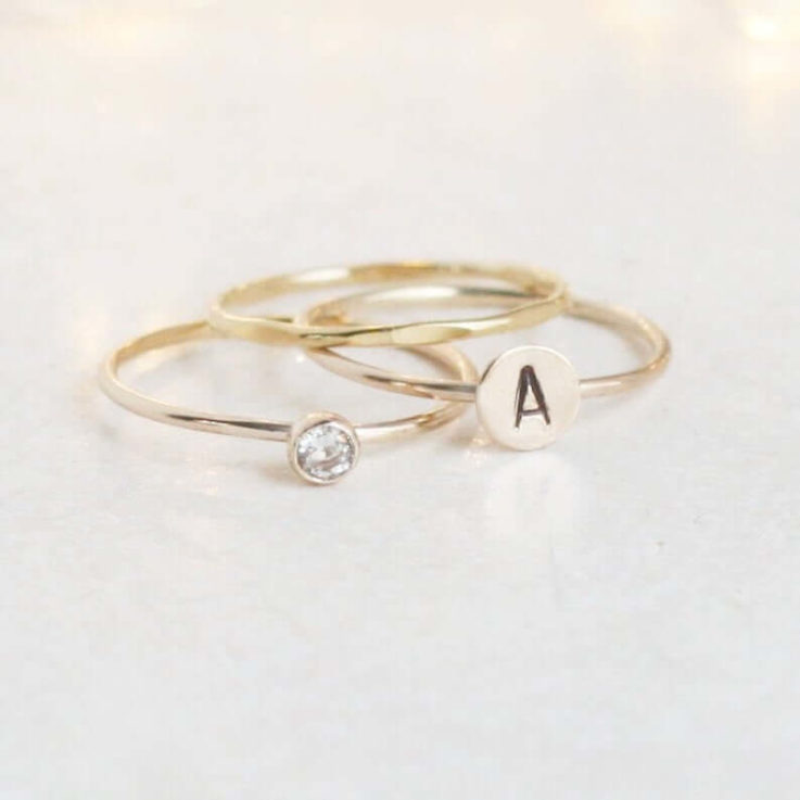 personalized gold stacking ring SET. initial ring. gold diamond ring. stackable rings. monogram ring gift for her. mothers ring. mothers day